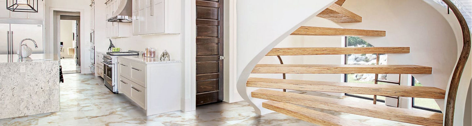 the calacatta flooring product used in stairs and kitchen as samples