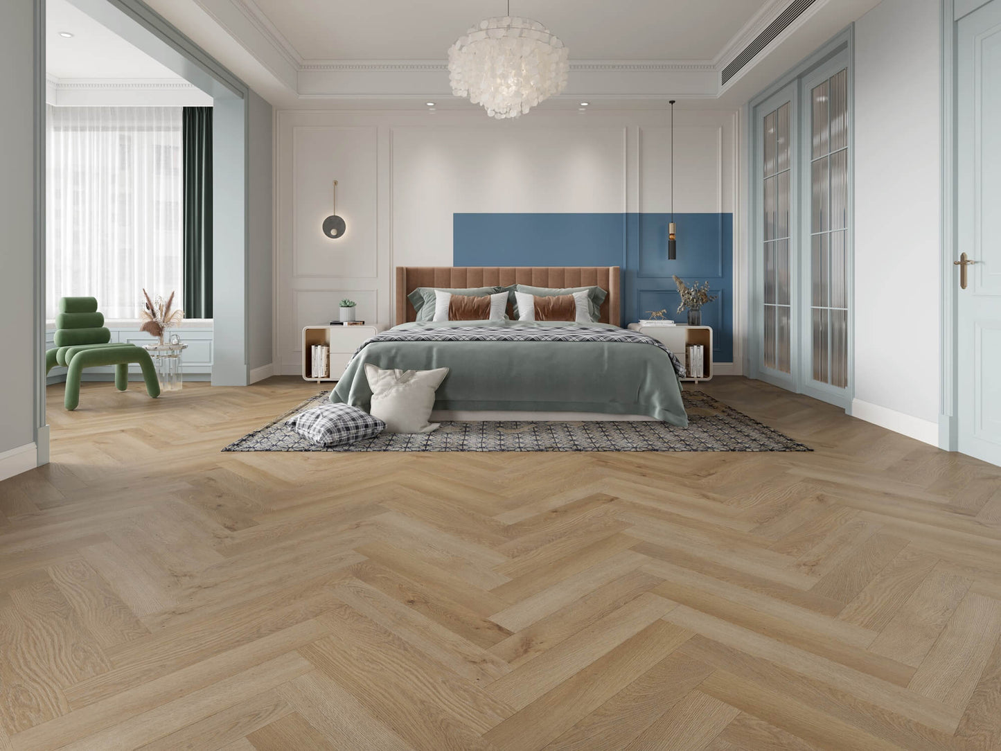 Monterey herringbone alhambra flooring in bedroom setting