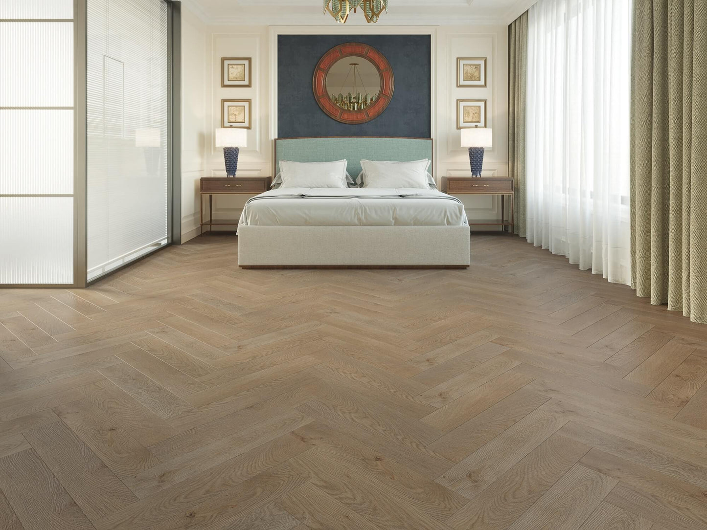 Monterey herringbone montaigne flooring in bedroom setting