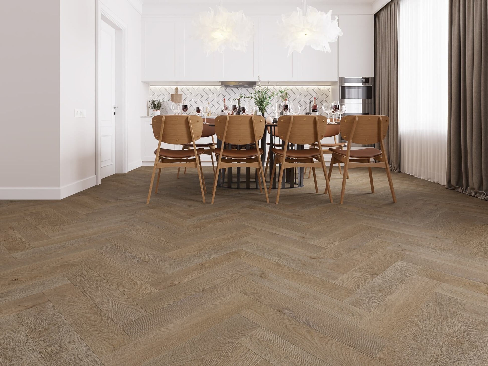 Monterey herringbone montaigne flooring in dining setting