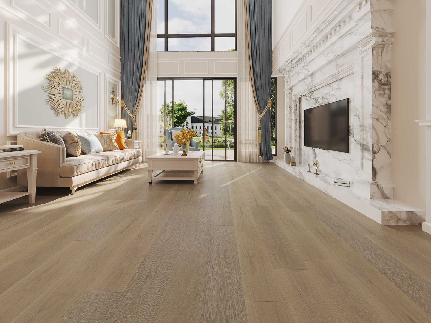 Driftwood flooring in living room setting