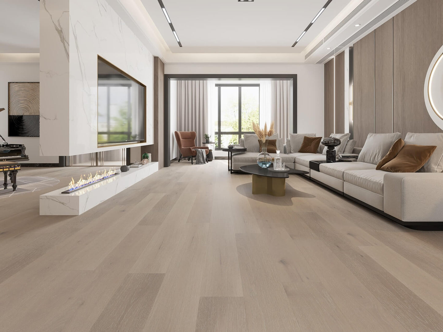 Oak snow white hardwood flooring in lounge room setting